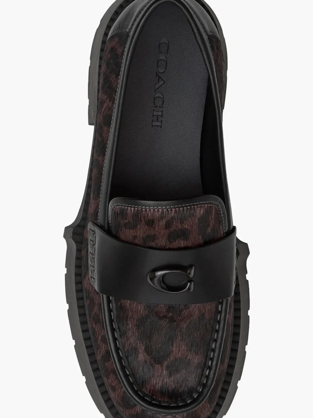 NWT Coach Woman Black Brown Leopard-Print Leather Loafers.